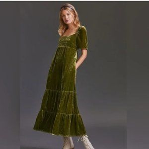 Anthropologie Olive Green Velvet Empire Waist Midi Dress - Size 6